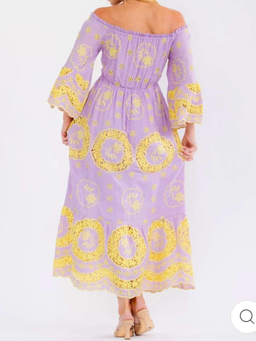 Boho womans Lavender Off-Shoulder Yellow eyelet Lace Trim maxi dress size S-M-L - Picture 4 of 4
